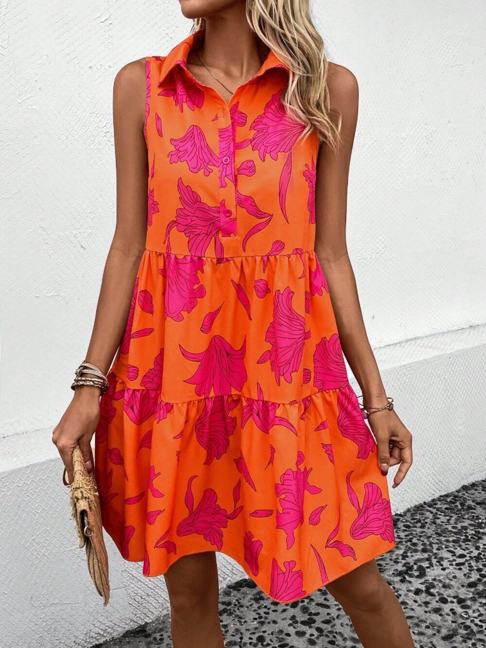 Orange Cute Women's Floral Print Ruffle Hem Dress - Picture 4 of 7